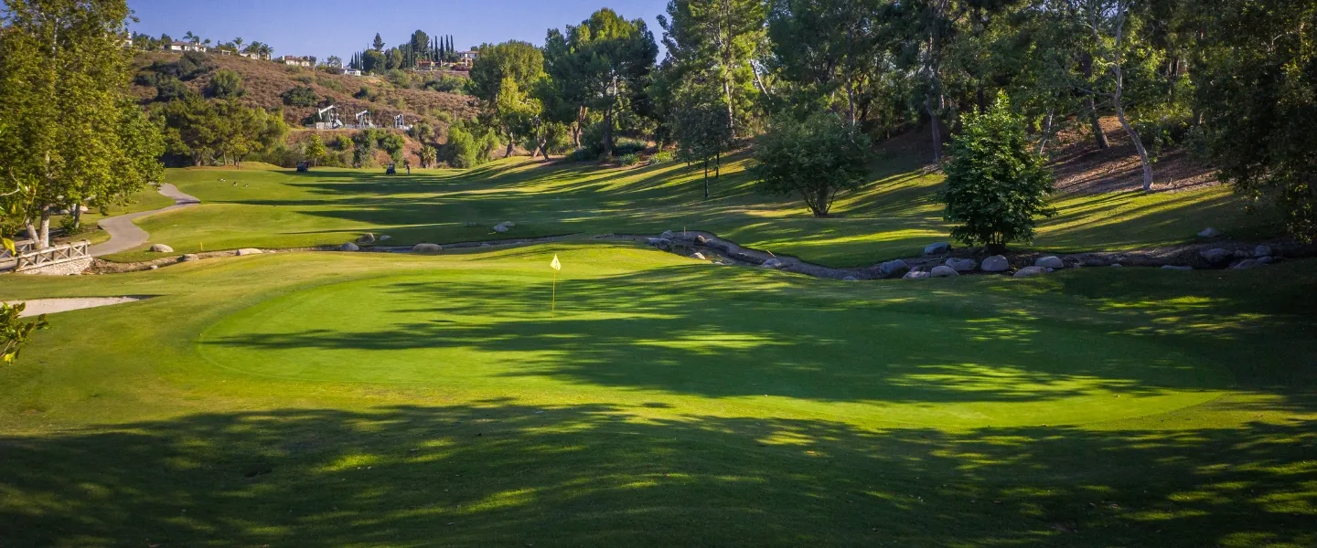 Fairway running toward a green shelved into the hillside